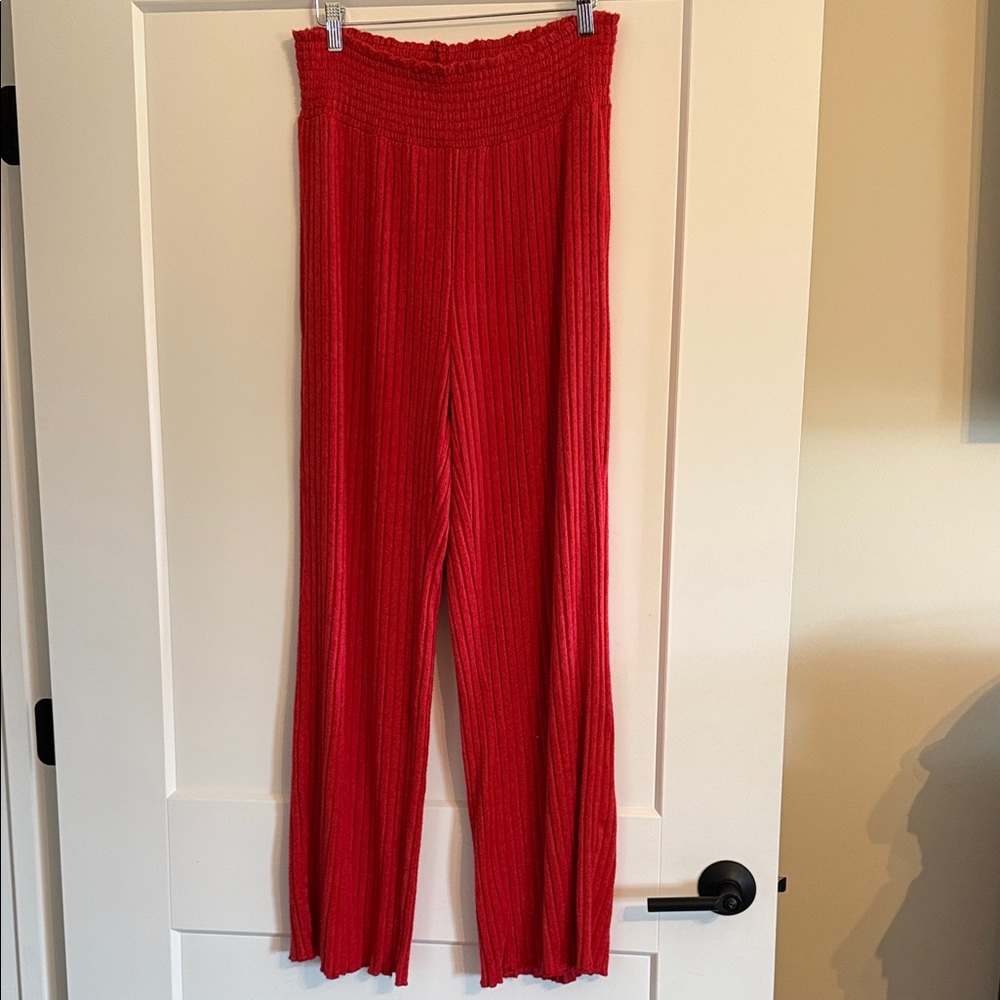 Dawn Smocked Red Pleated Wide-Leg Pants